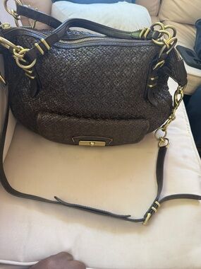 Coach Brown Woven Leather Shoulder Bag with Gold Hardware